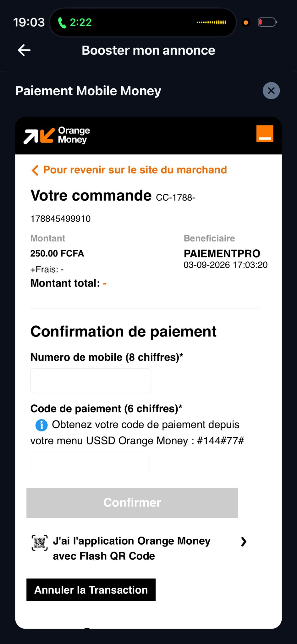 Confirmation Orange Money