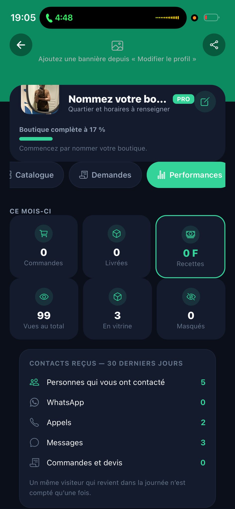 Espace pro — statistiques et contacts reçus